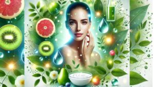 A vibrant and serene image symbolizing both inner health and outer beauty, featuring natural elements like fresh fruits, greenery, and skincare products, all emphasizing holistic wellness and skincare.