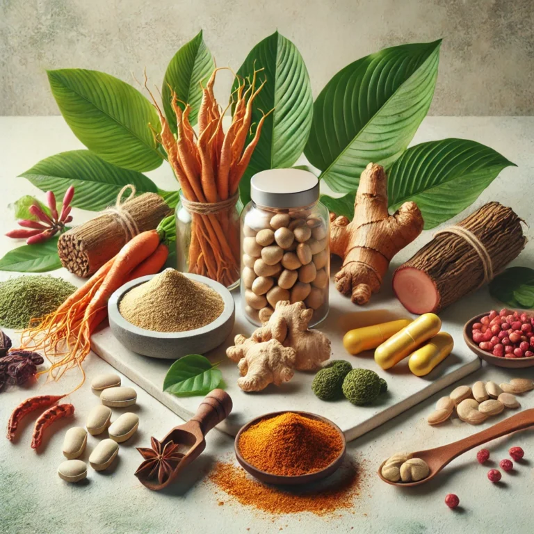 "A vibrant arrangement of natural herbal supplements such as ginseng, ashwagandha, and maca root in their raw forms, displayed alongside green leaves and wooden bowls, symbolizing the concept of boosting energy naturally through plant-based remedies."