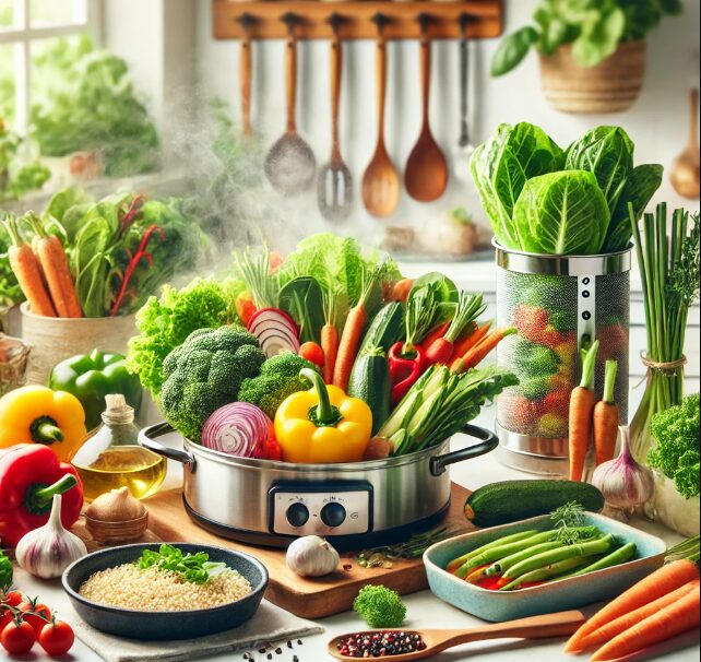 A vibrant and fresh image featuring colorful vegetables and healthy ingredients, symbolizing nutrient-rich cooking methods and meals.