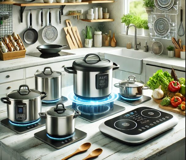 A modern kitchen with innovative, non-toxic cookware including non-stick pans, ceramic pots, and steamers, designed for healthier and smarter cooking.