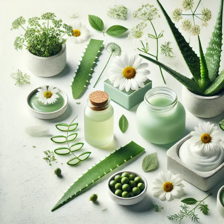 "An elegant image featuring natural botanical elements like aloe vera, chamomile flowers, green tea leaves, and rosehip berries, symbolizing the purity and sustainability of botanical skincare."