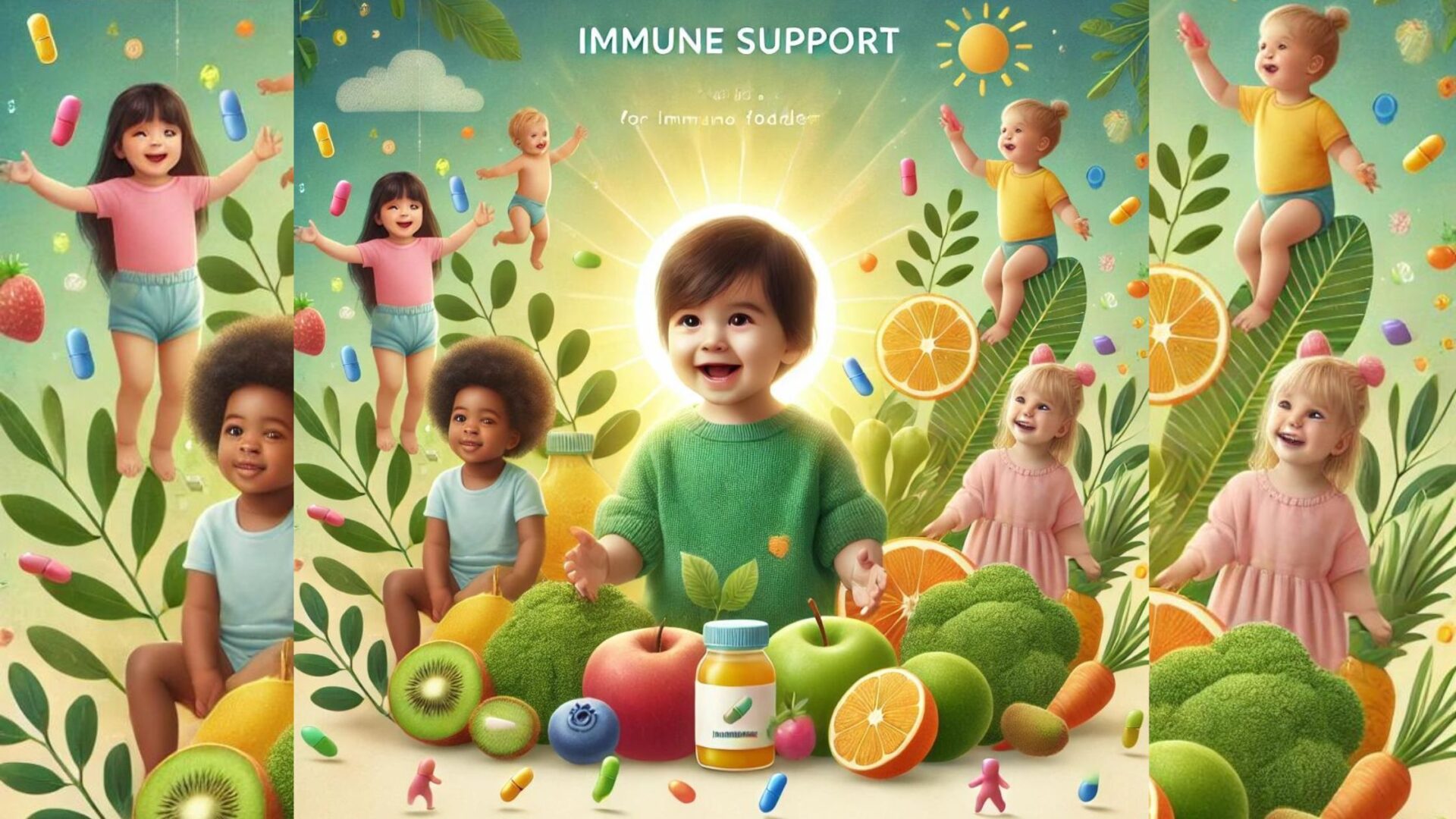 "A vibrant, nurturing image representing immune support for toddlers, featuring bright illustrations of essential vitamins and a healthy child."