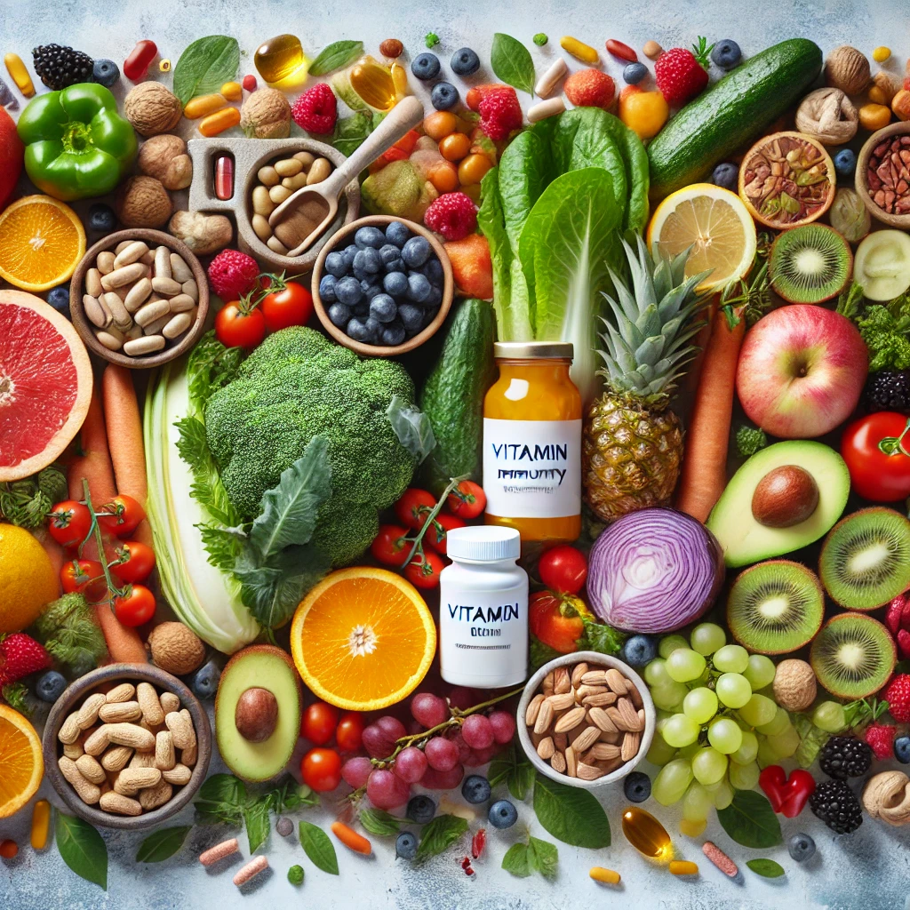 "A vibrant image featuring an assortment of fresh fruits, vegetables, nuts, and leafy greens alongside vitamin bottles and capsules, symbolizing the role of essential nutrients like Vitamin C, Vitamin D, Zinc, and Iron in supporting immune health."