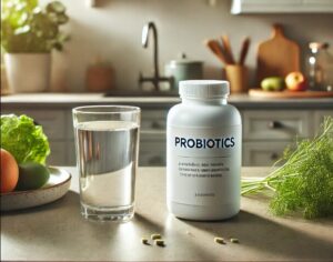 A modern and clean image of a probiotics bottle next to a glass of water with leafy greens and fruits, symbolizing wellness and digestive health.