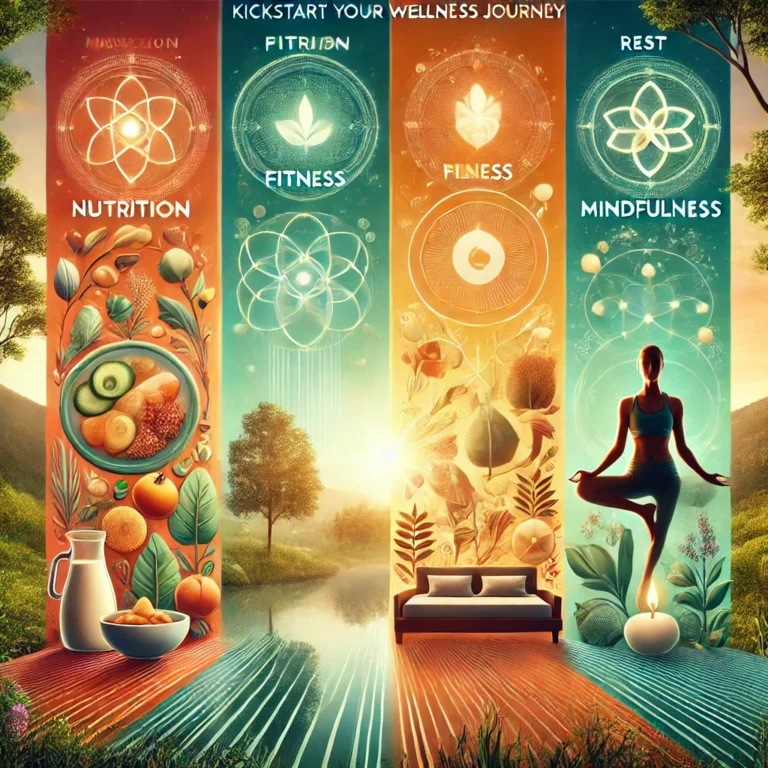 "An inspirational image featuring four symbolic pillars representing nutrition, fitness, mindfulness, and rest, set against a serene landscape with sunlight filtering through trees, symbolizing wellness and transformation."